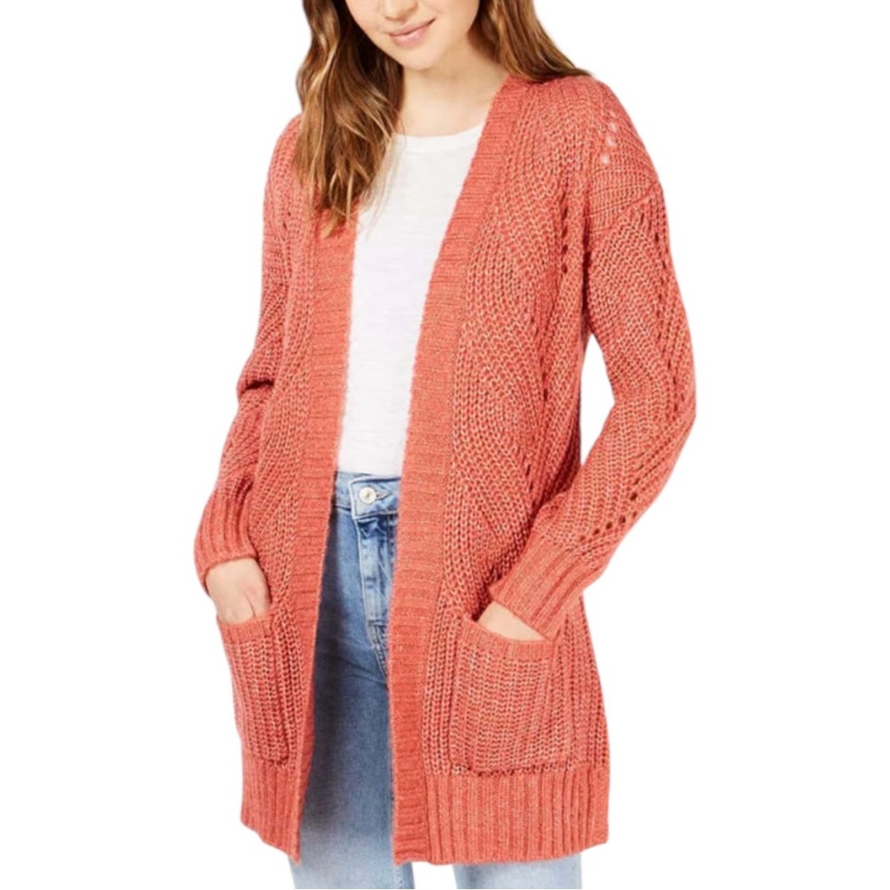 NWT Hippie Rose Coral Blush Knit Open Front Cardigan Women’s S Longline Sweater